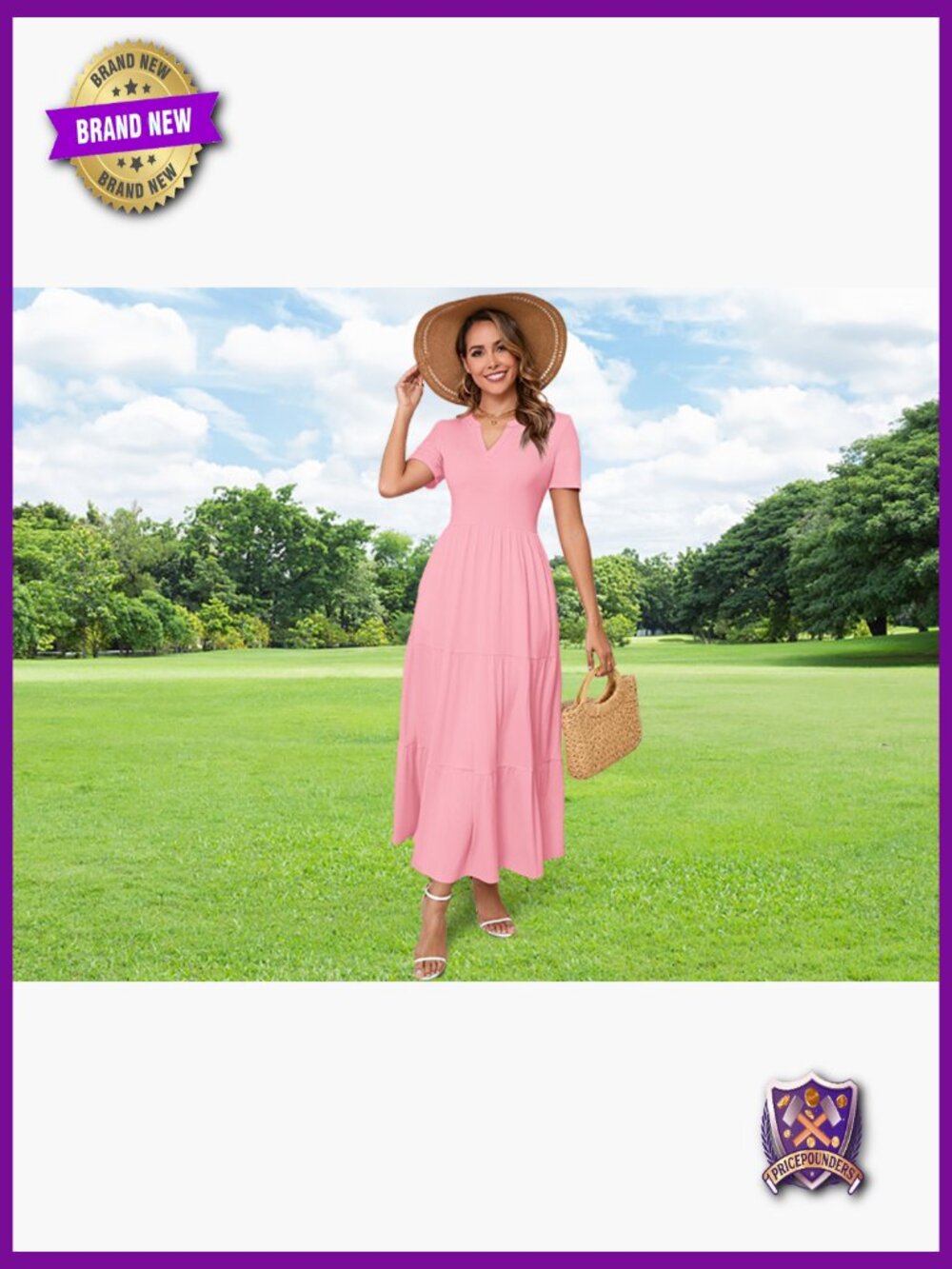 Women's Casual Loose Maxi Dress with Pockets V Neck Short Sleeve Tiered Long - Picture 7 of 7